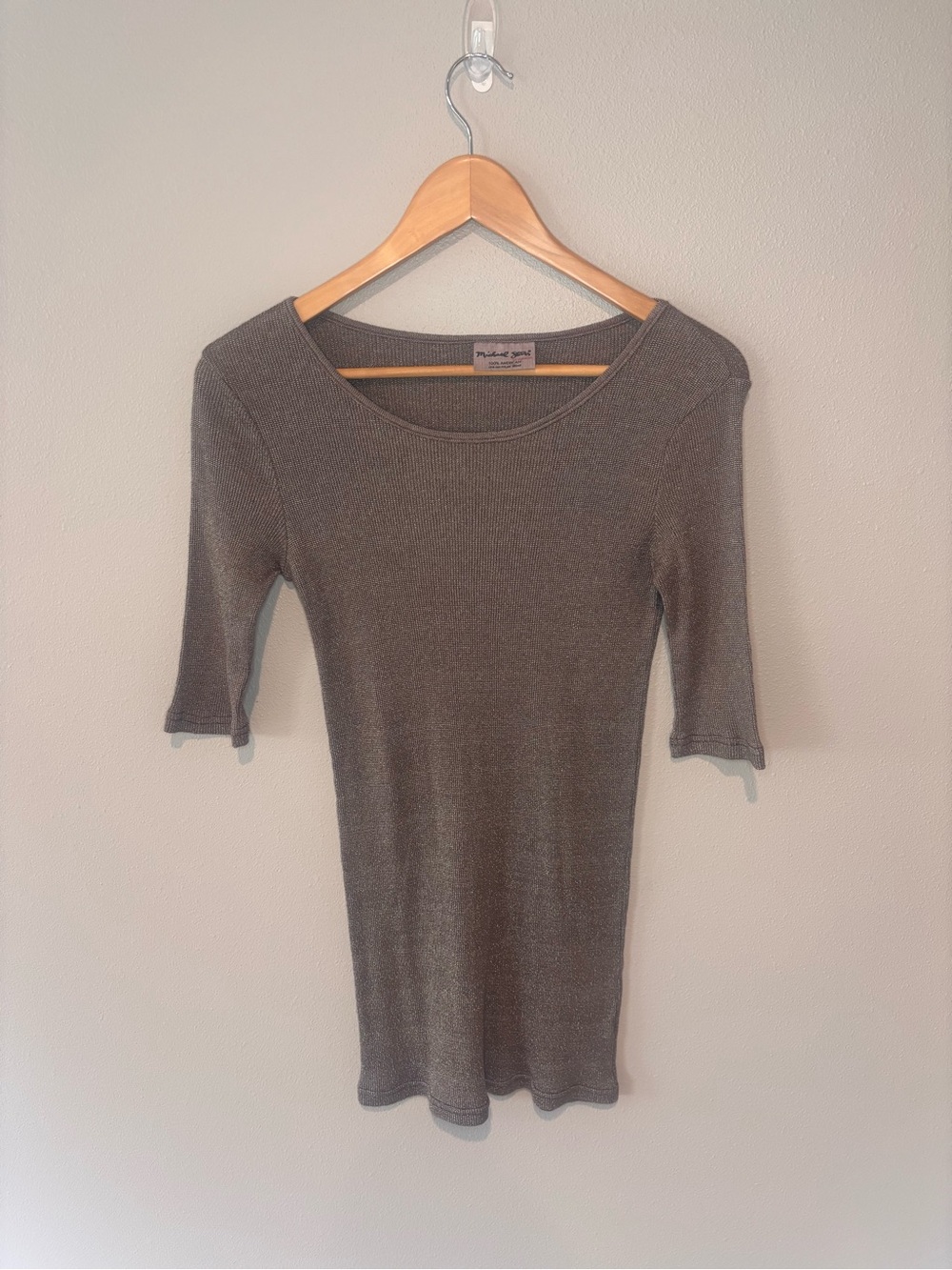 Michael Stars Ribbed Scoop Neck Short Sleeve Top - Gray Brown